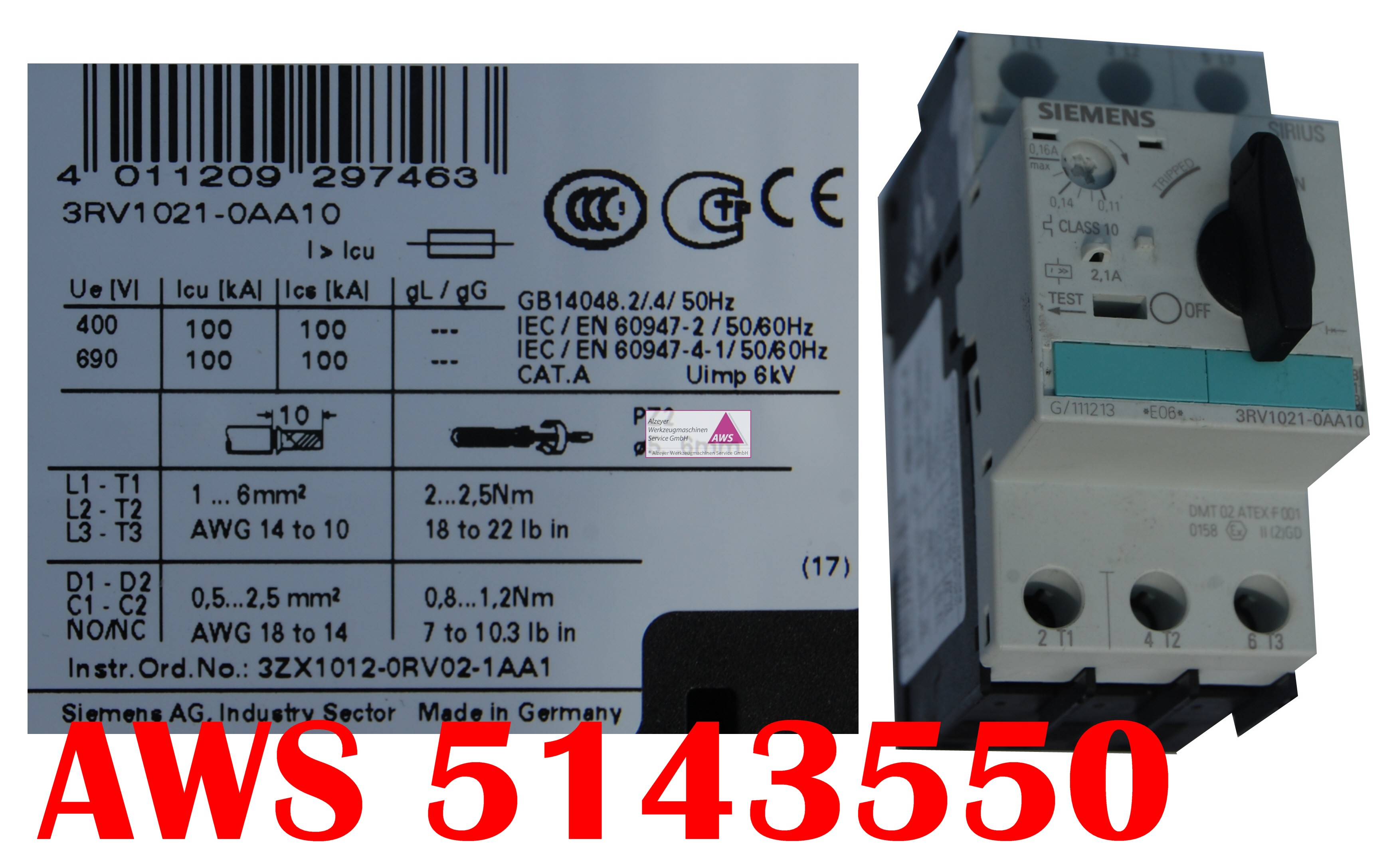 Leistungsschalter Siemens SIRIUS 3RV 1021-0AA10